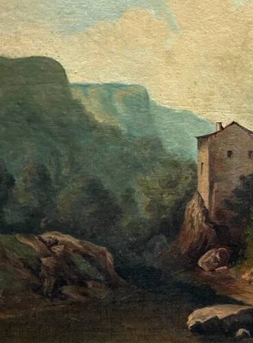 Landscape of a fortified village hamlet from the 19th century - Original antique oil painting.