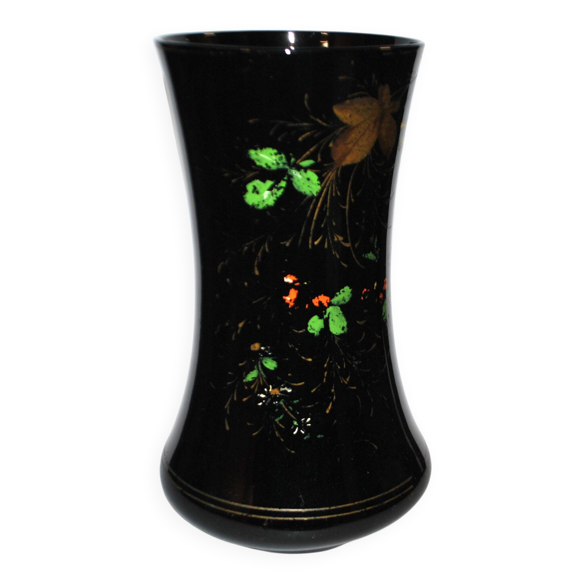 Charles X vase in black opaline with hand-painted floral enamel decoration, 30 cm.