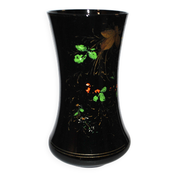 Charles X vase in black opaline with hand-painted floral enamel decoration, 30 cm.