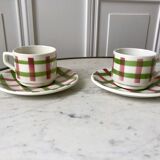 Duo of coffee cups and sub-cups Scottish / Vichy pattern 50s