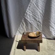 Small stool, rectangular accent stool in solid teak wabi-sabi H26