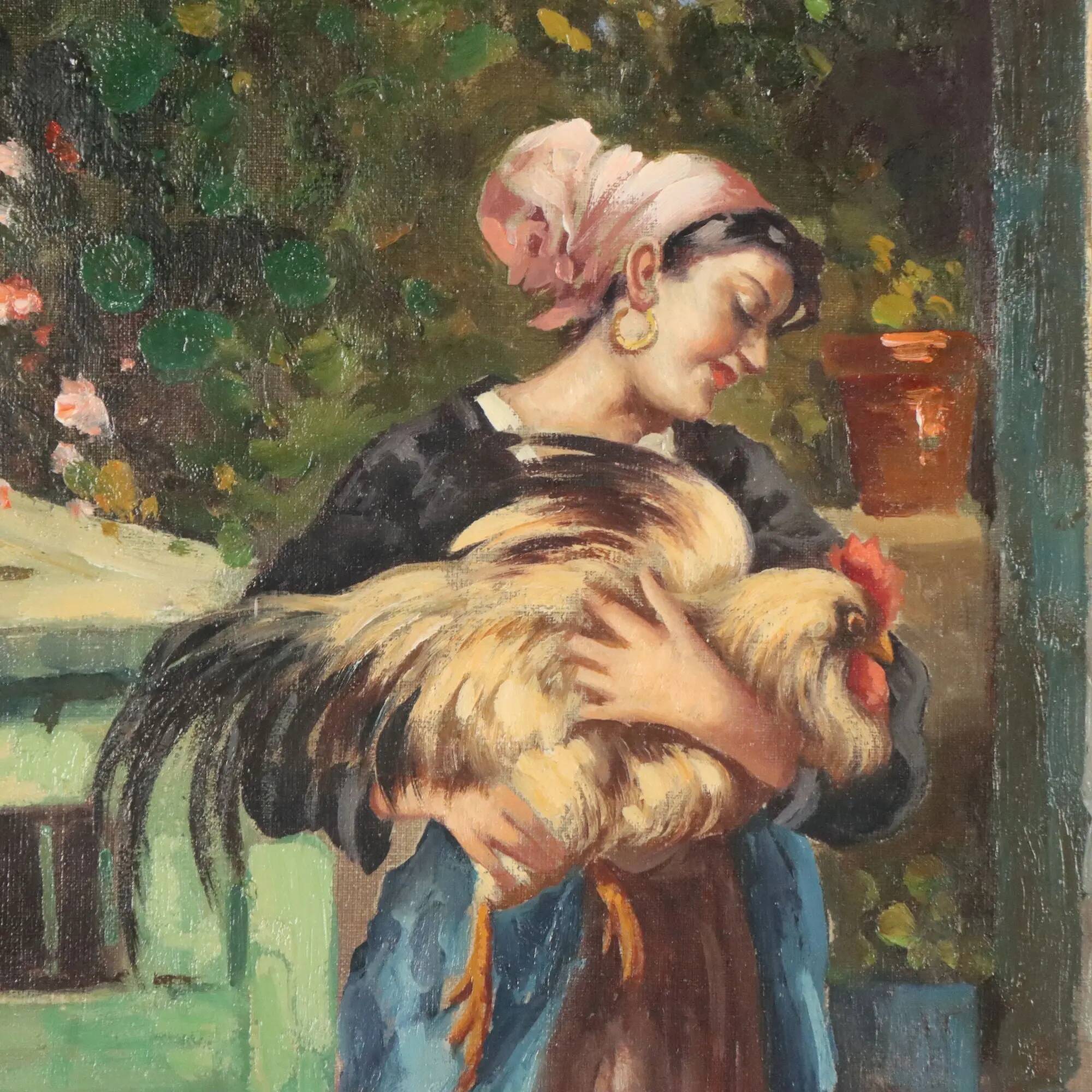 Old painting "The Porch" oil on canvas signed G. Esposito XX Century