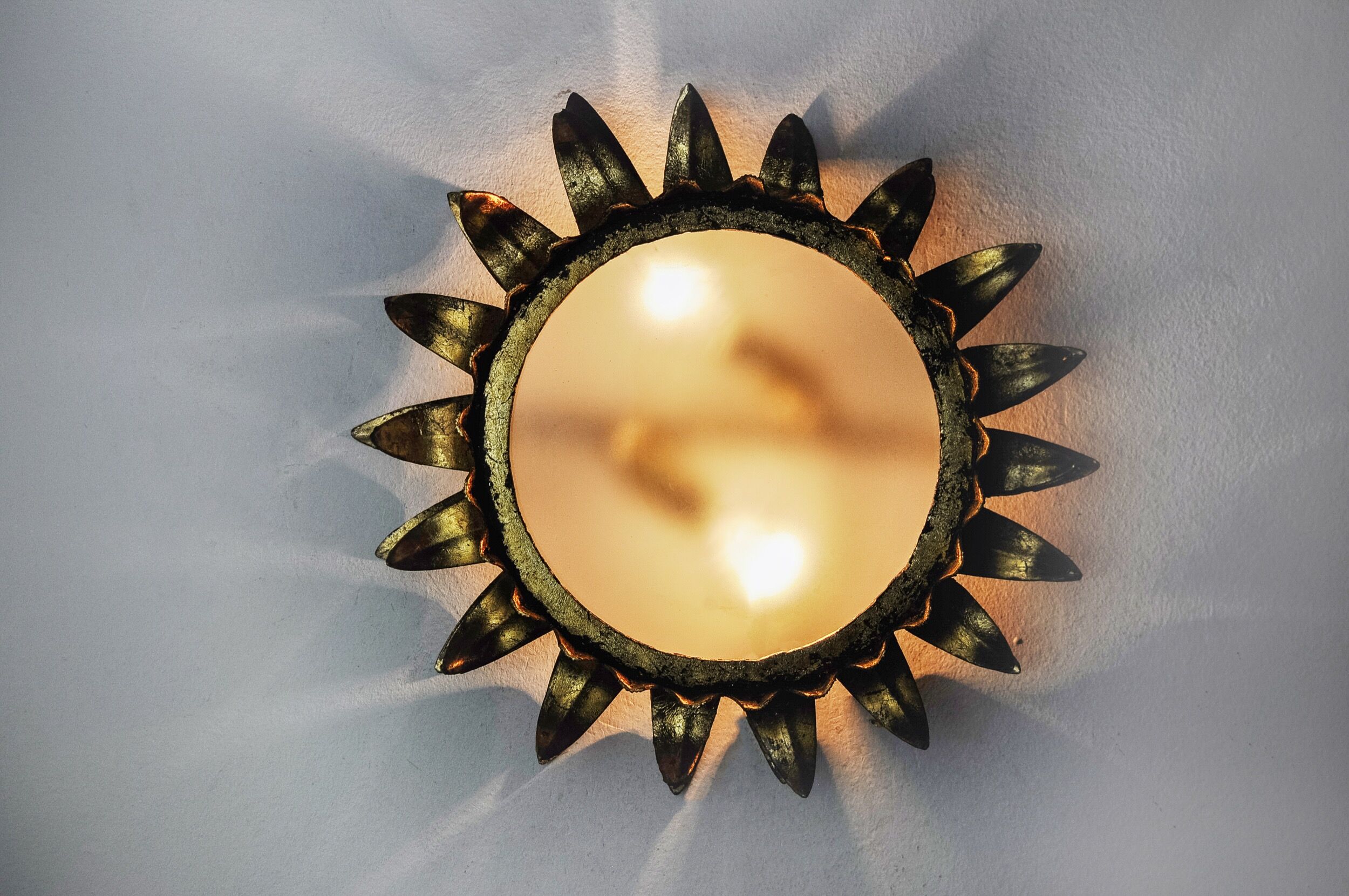Wall lamp sun by ferro arte, metal and gold leaf, spain, 1960