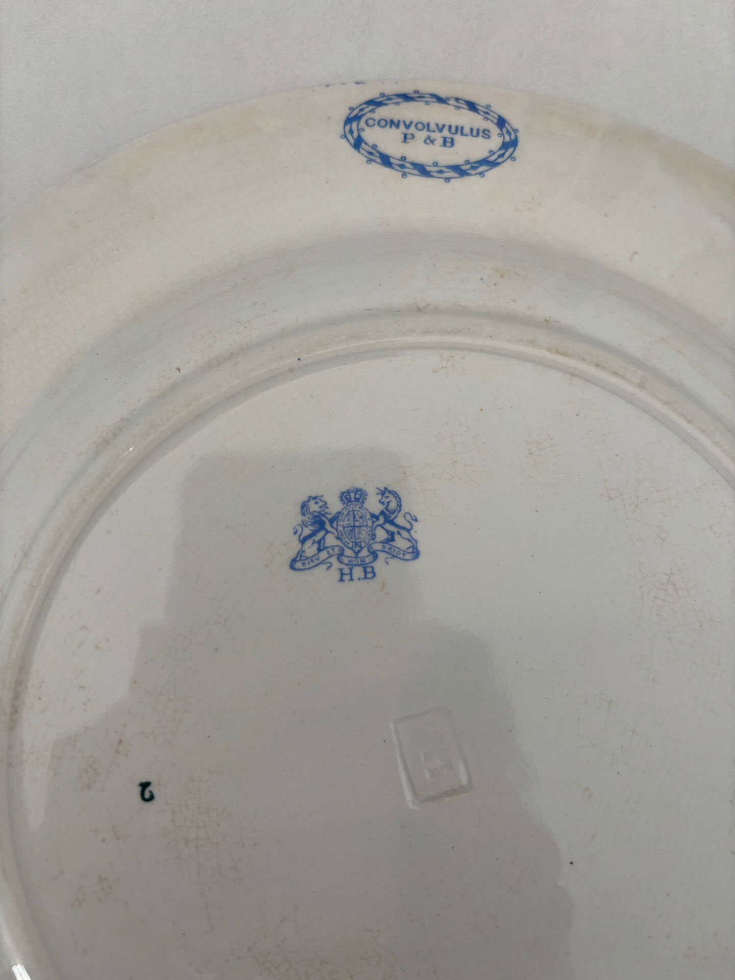 Old flat plate, light blue ironstone, HB Choisy-le-Roi model.