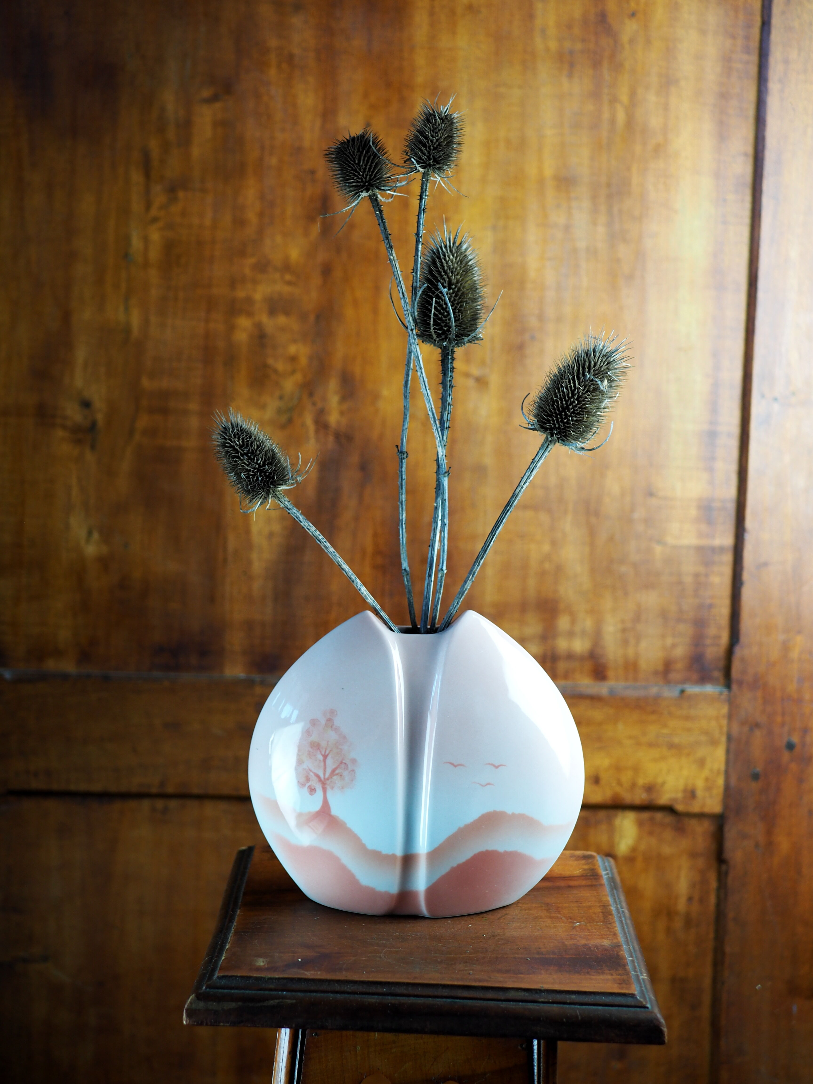 Pink lens vase, poetic landscape tree & flight of birds - Yves Mohy, porcelain of Virebent - ann