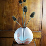 Pink lens vase, poetic landscape tree & flight of birds - Yves Mohy, porcelain of Virebent - ann