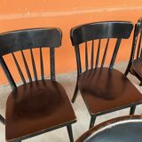 Set of 18 curved wooden bistro chairs with patina from the 60s