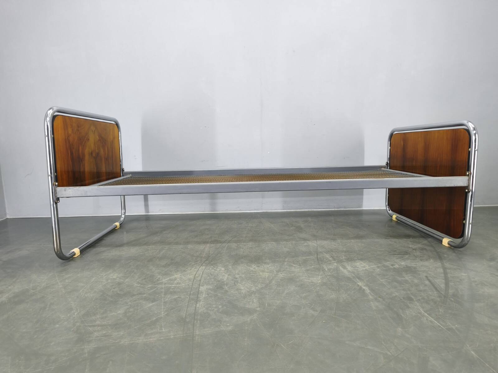 Bauhaus Tubular Steel Bed with Walnut Panels, Czechoslovakia, 1930s