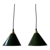 Set of 2 green conical industrial pendant lights