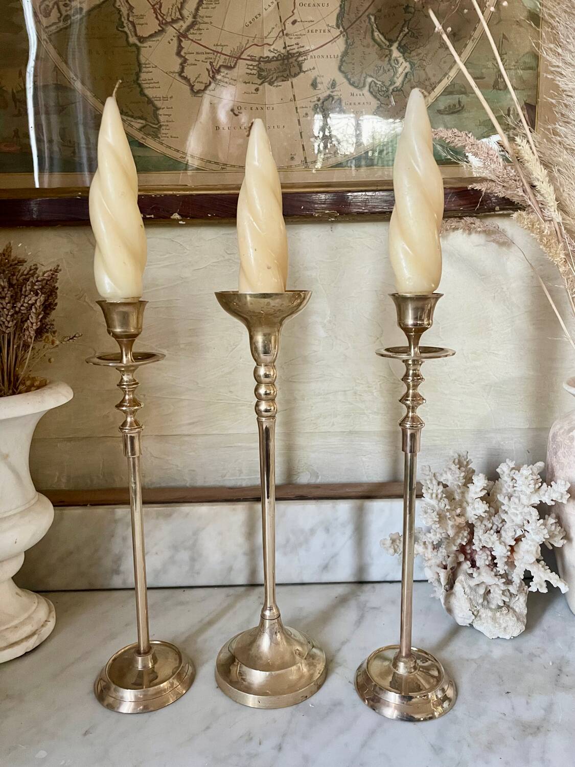 Set of 3 brass candle holders
