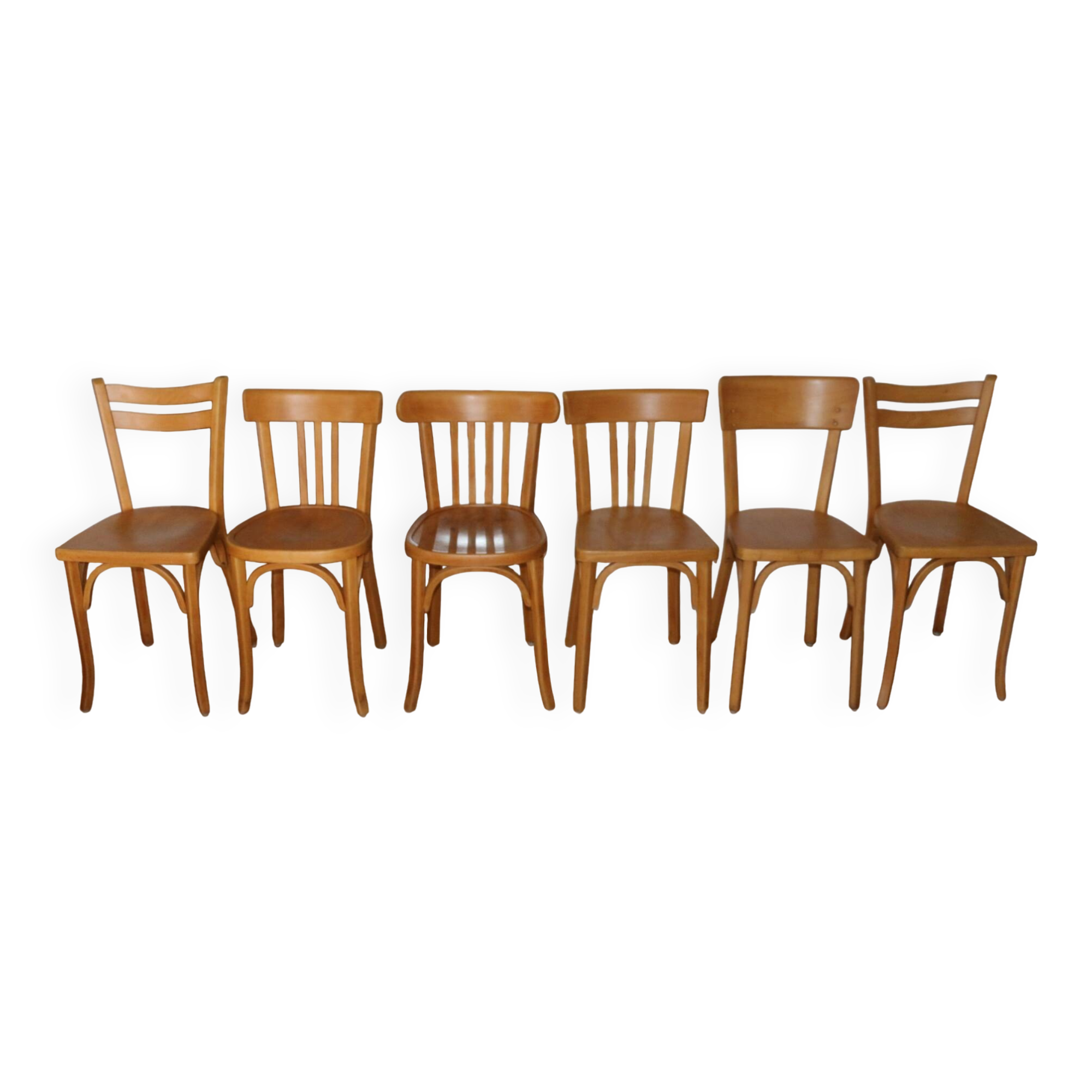 Set of 6 Baumann chairs, light beech, 1960