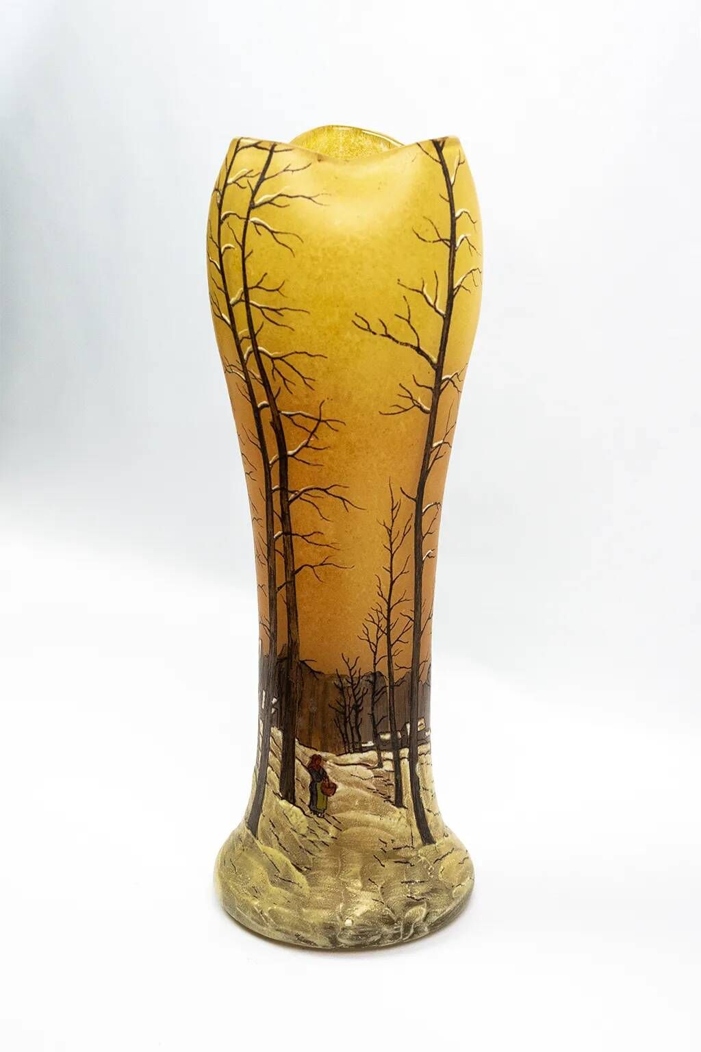 Art Nouveau vase DLG Legras, winter landscape painted with enamels, circa 1900.