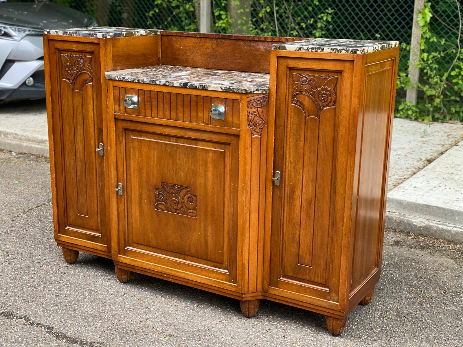 Art Deco 1930s marble and solid oak wood mirror sideboard