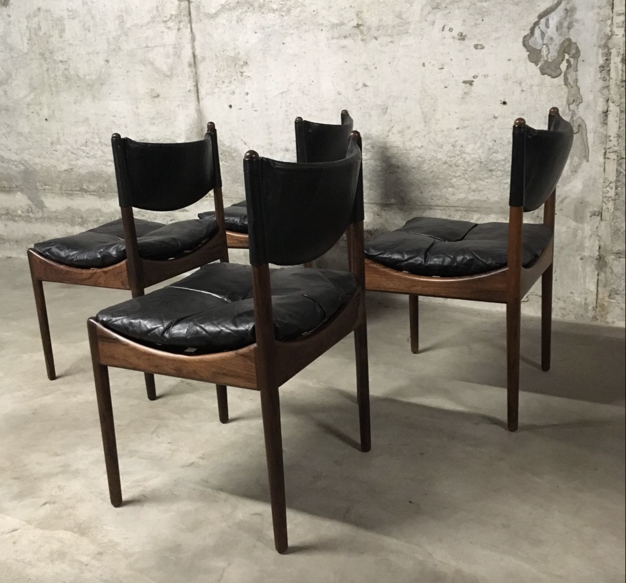 Set of 4 Rio palisander & black leather chairs, Modus model, by Kristian Vedel for Soren Willadsen