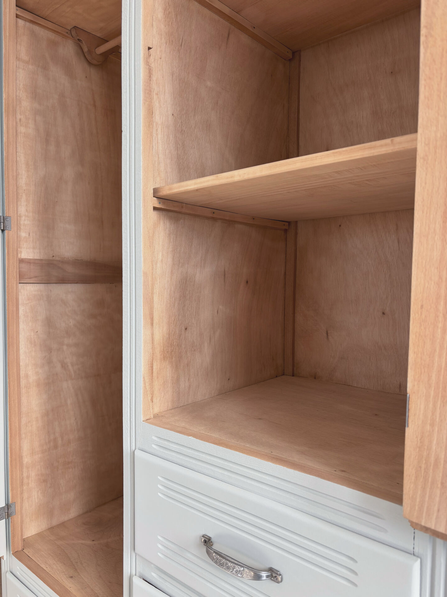 Art Deco wardrobe with shelves and drawers, renovated wood.