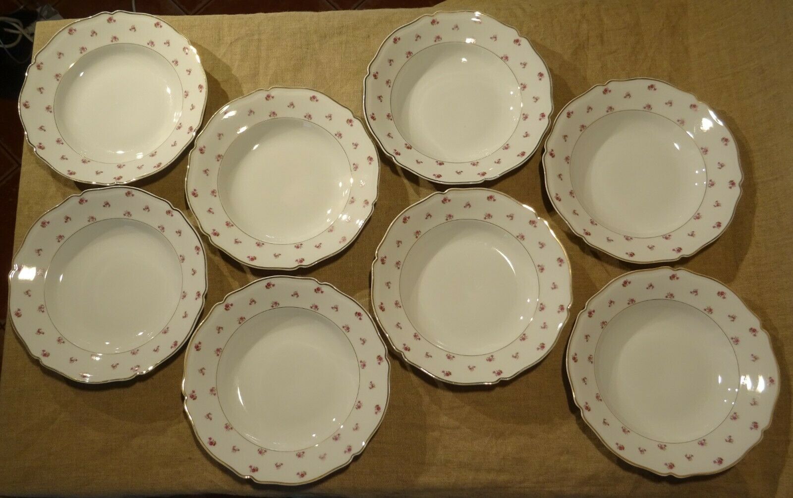Set of 8 old plates hollow porcelain Limoges decoration pink flowers golden liseret