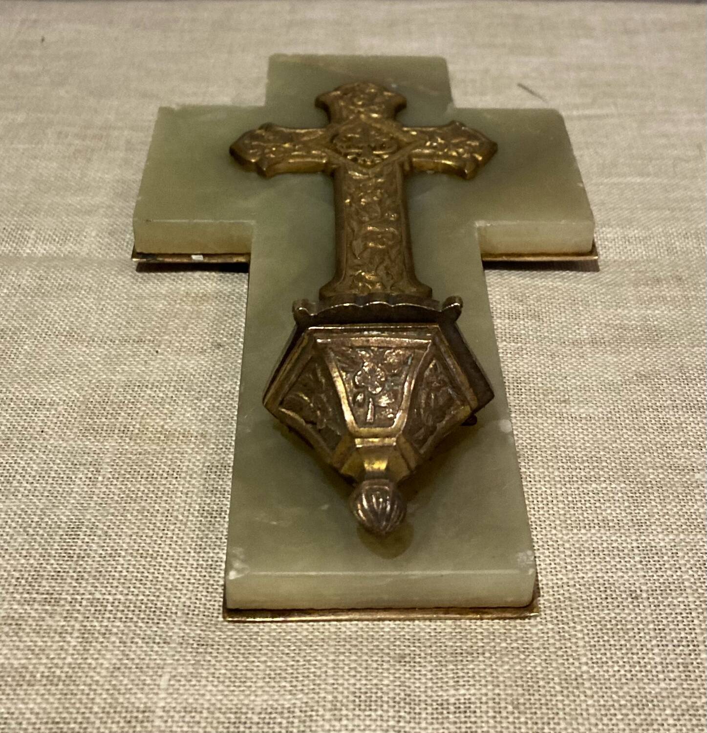 Art Deco holy water font in bronze, onyx and brass from the early 20th century