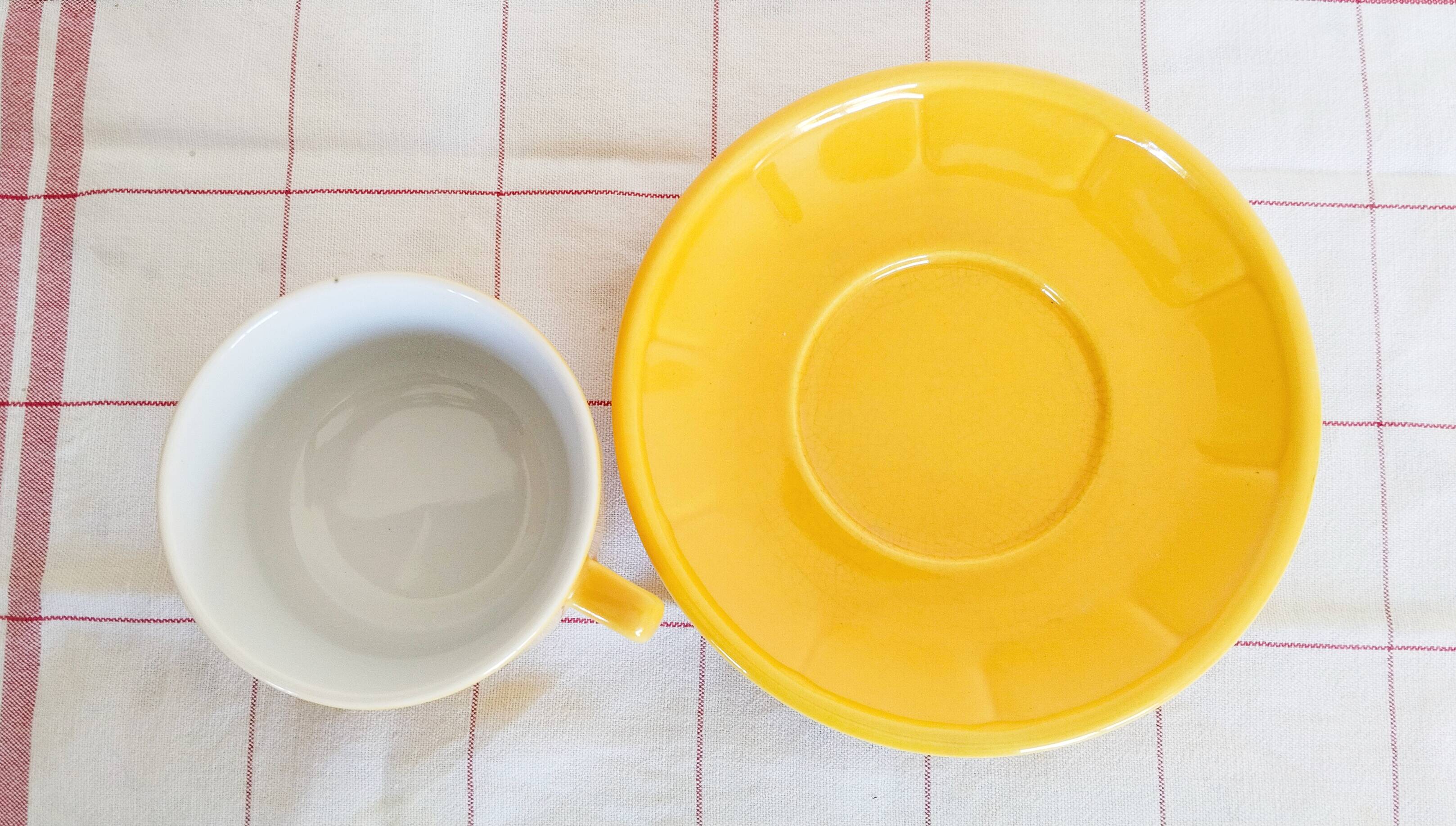 Apilco yellow and white porcelain chocolate cup and saucers