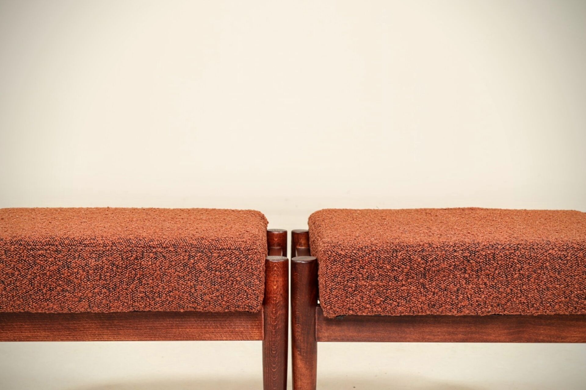 Set of two vintage-style footstools, bouclé cinnamon color