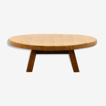 Français table basse artisanale brutaliste en chêne, années 70