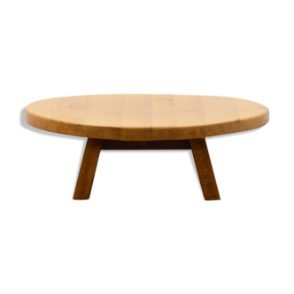 Français table basse artisanale brutaliste en chêne, années 70