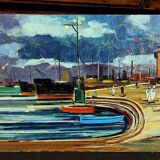 Oil painting Livorno 1975 port boats magnificent