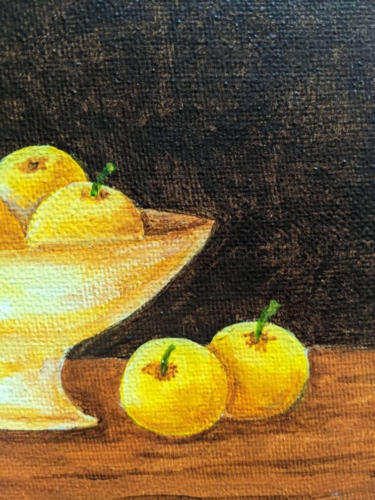 Petit tableau huile sur toile nature morte jaune & marron esprit campagne