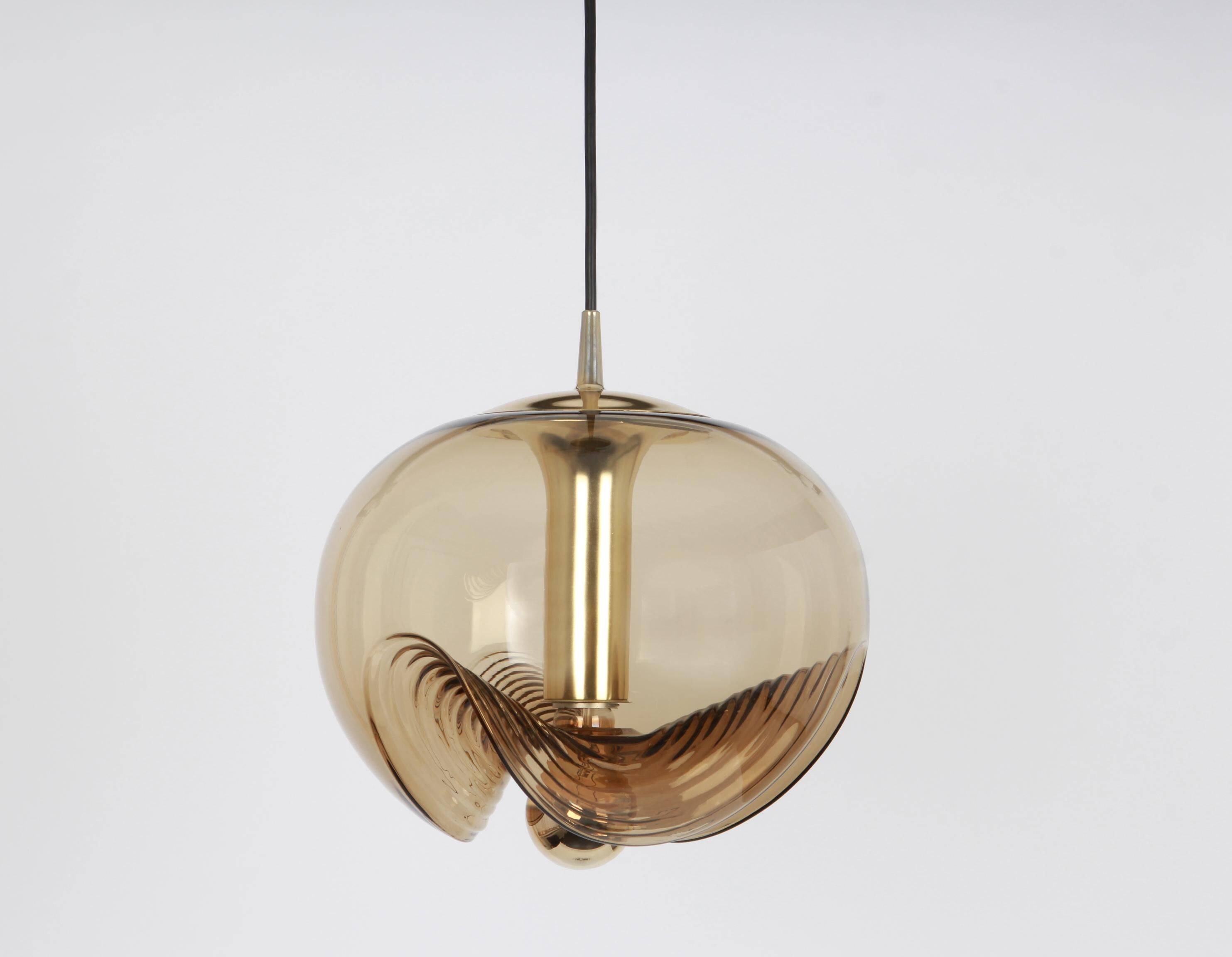 One of the four large smoked glass pendants by Peill & Putzler, Germany, 1970s.