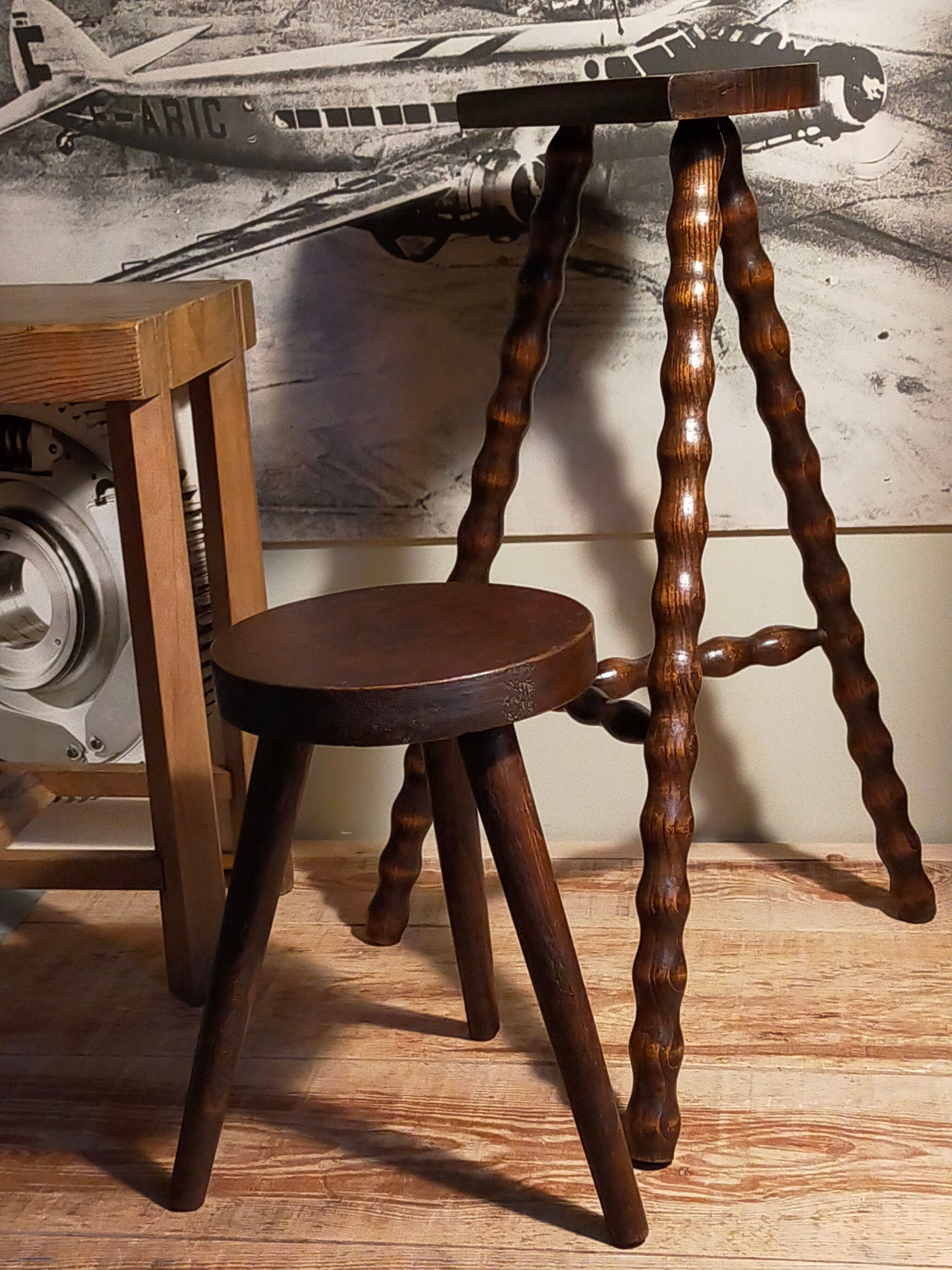 Stool high tripod solid wood turned vintage