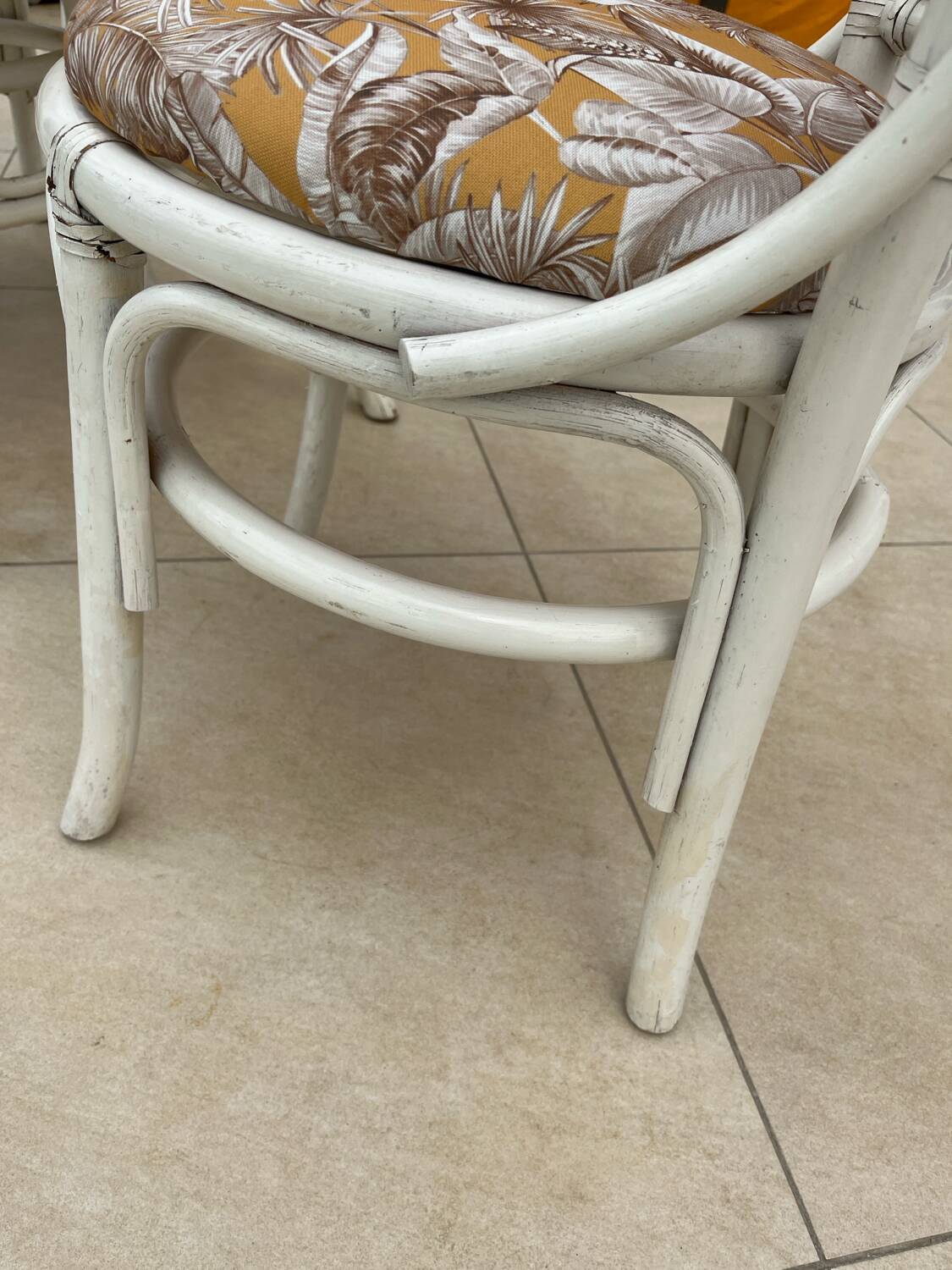 Vintage White Rattan/Bamboo Garden Furniture Set with 2 Chairs and a Stool