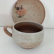 Large stoneware cup and saucer with floral decoration – 1970s