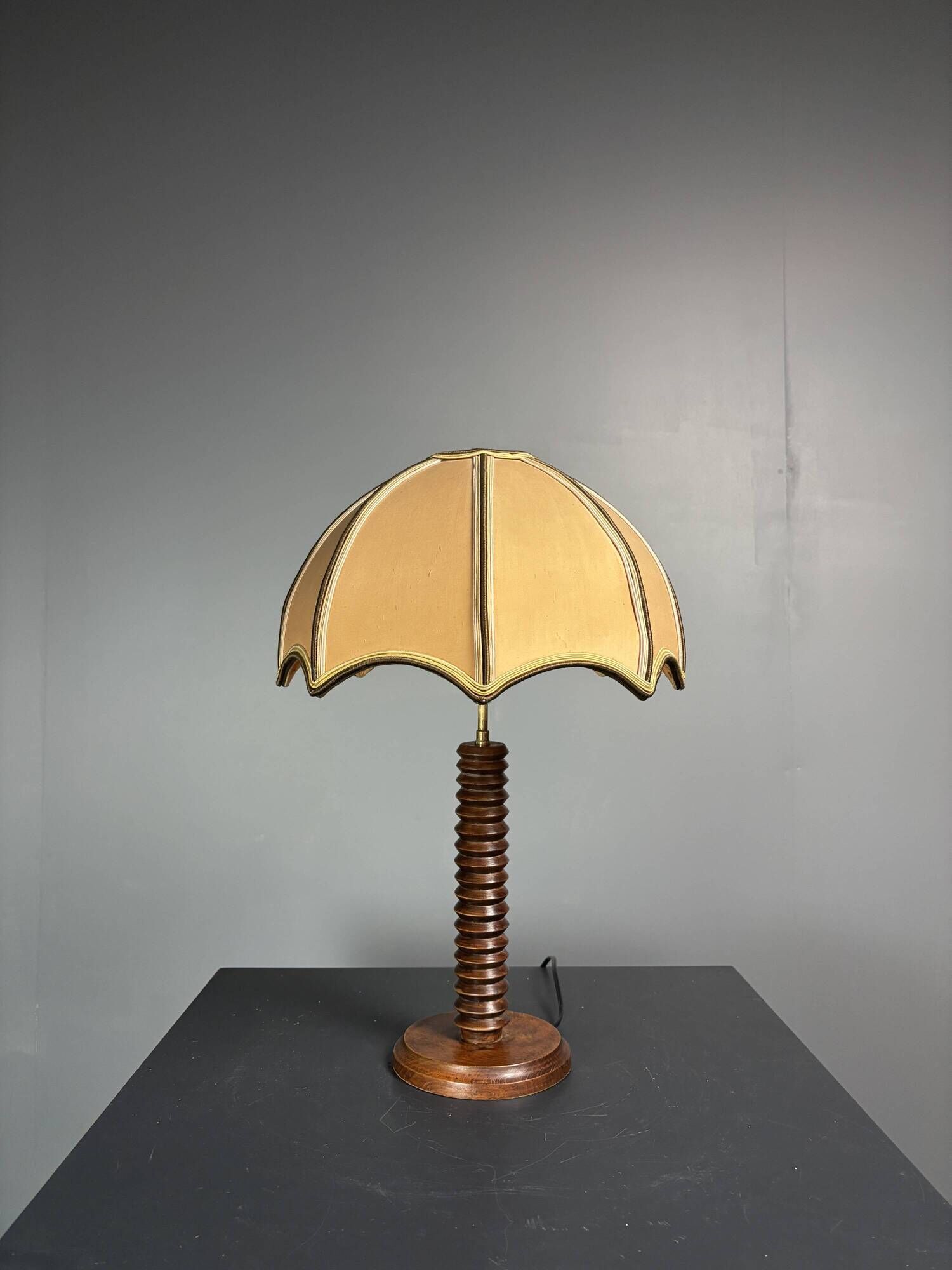 Midcentury brutalist wood turned mushroom table lamp, Charles Dudouyt style