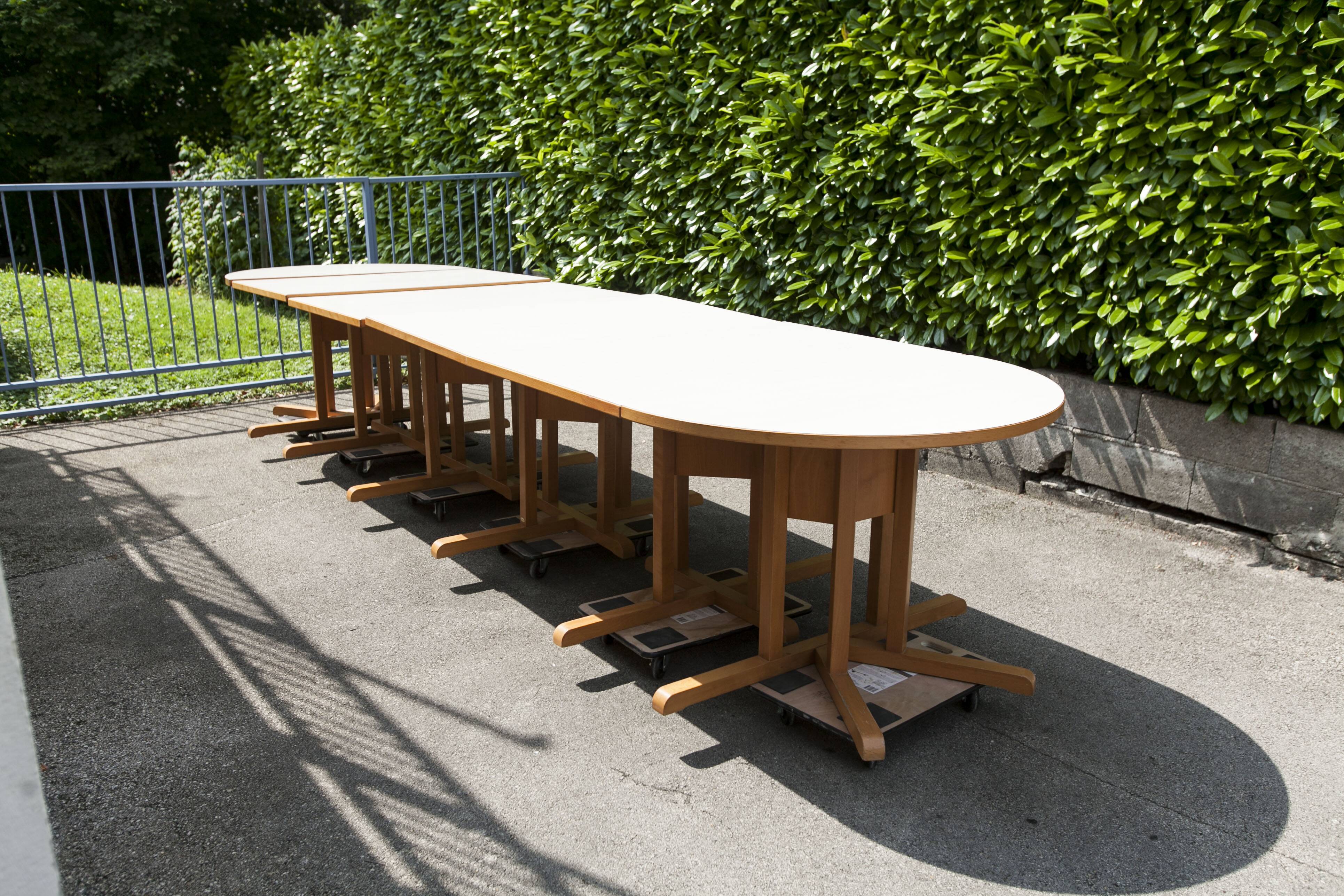 Rare set of 6 Baumann tables 1990, 80x120 and half moon 120cm
