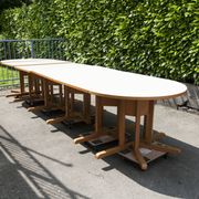 Rare set de 6 tables Baumann 1990, 80x120 et demi lune 120cm