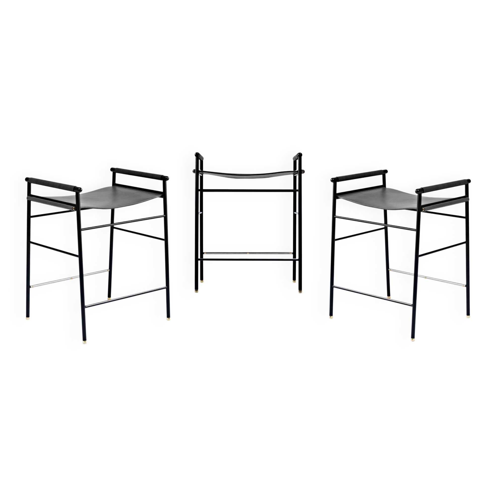 Batch of 3 Contemporary Counter Stools "Repose" Black Saddle Seat Black Coated Frame