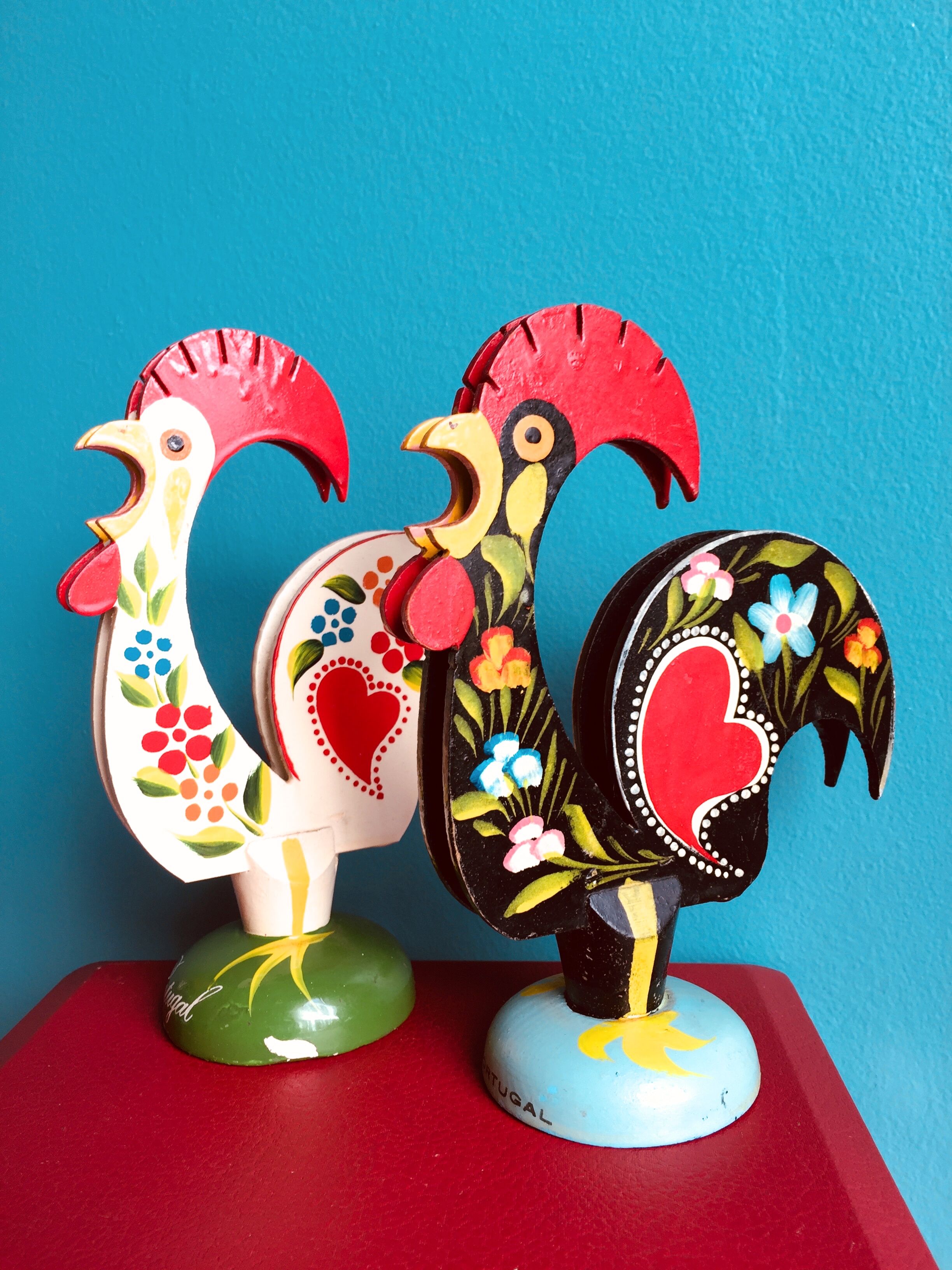 Retro wooden roosters vintage red green black and white Portugal
