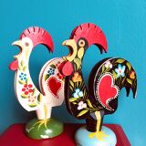 Retro wooden roosters vintage red green black and white Portugal