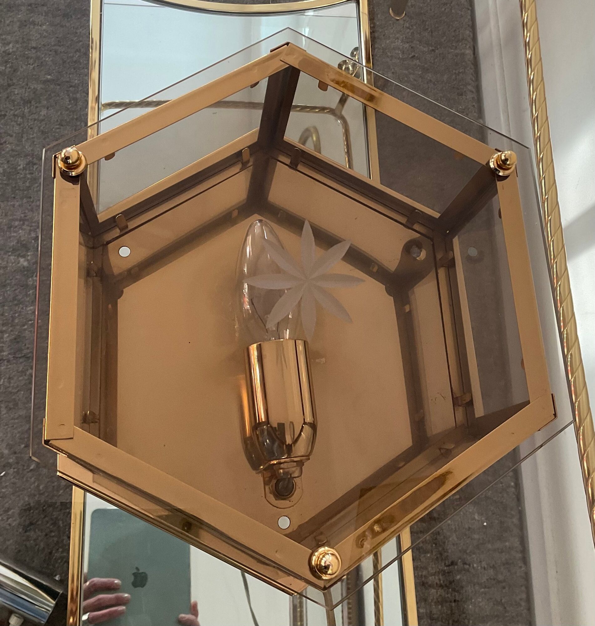 Vintage ceiling lamp in brass and smoked glass