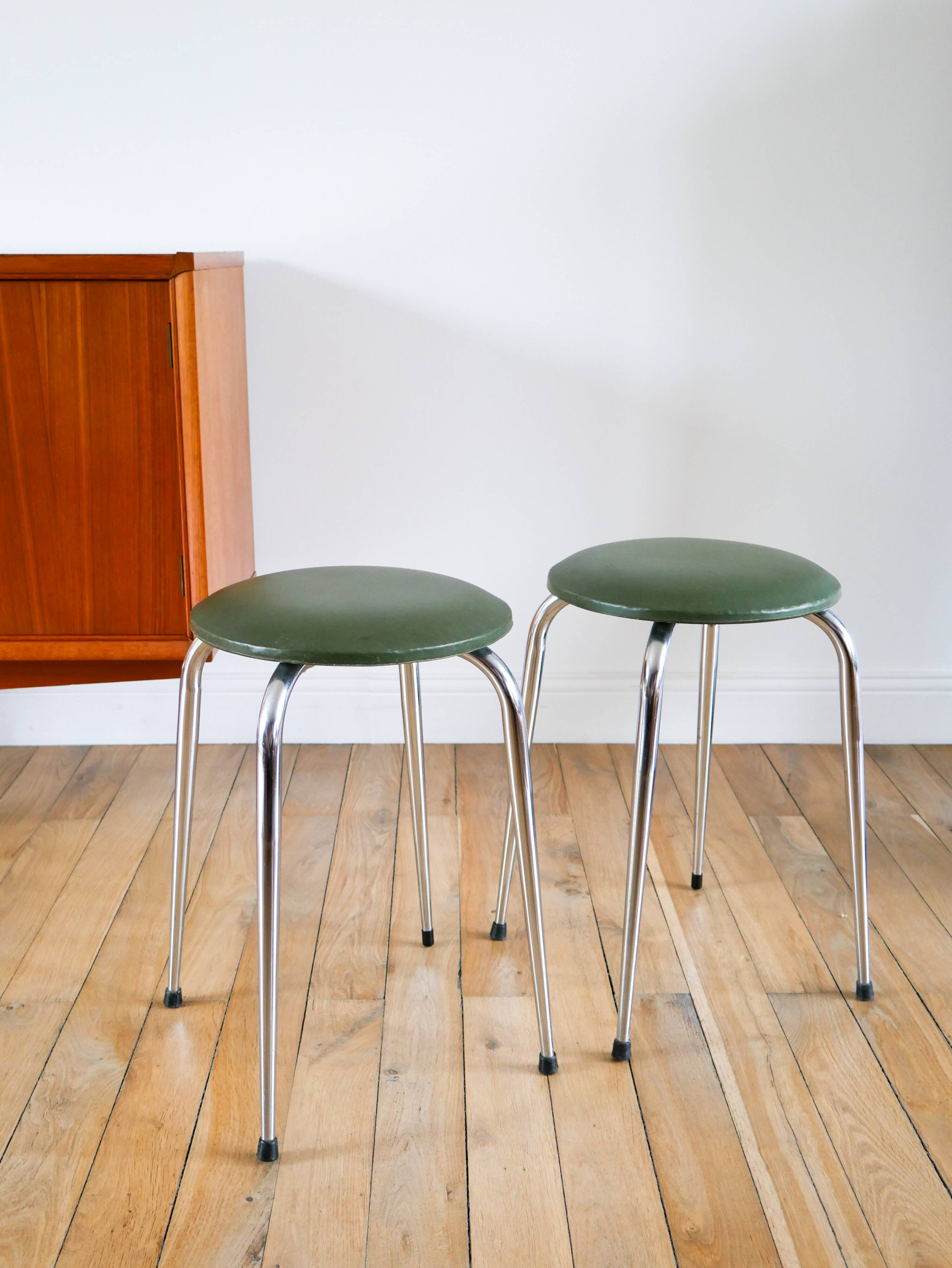Pair of stools in chrome and bottle green skai, Made in France, Registered Model, 1970