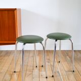 Pair of stools in chrome and bottle green skai, Made in France, Registered Model, 1970