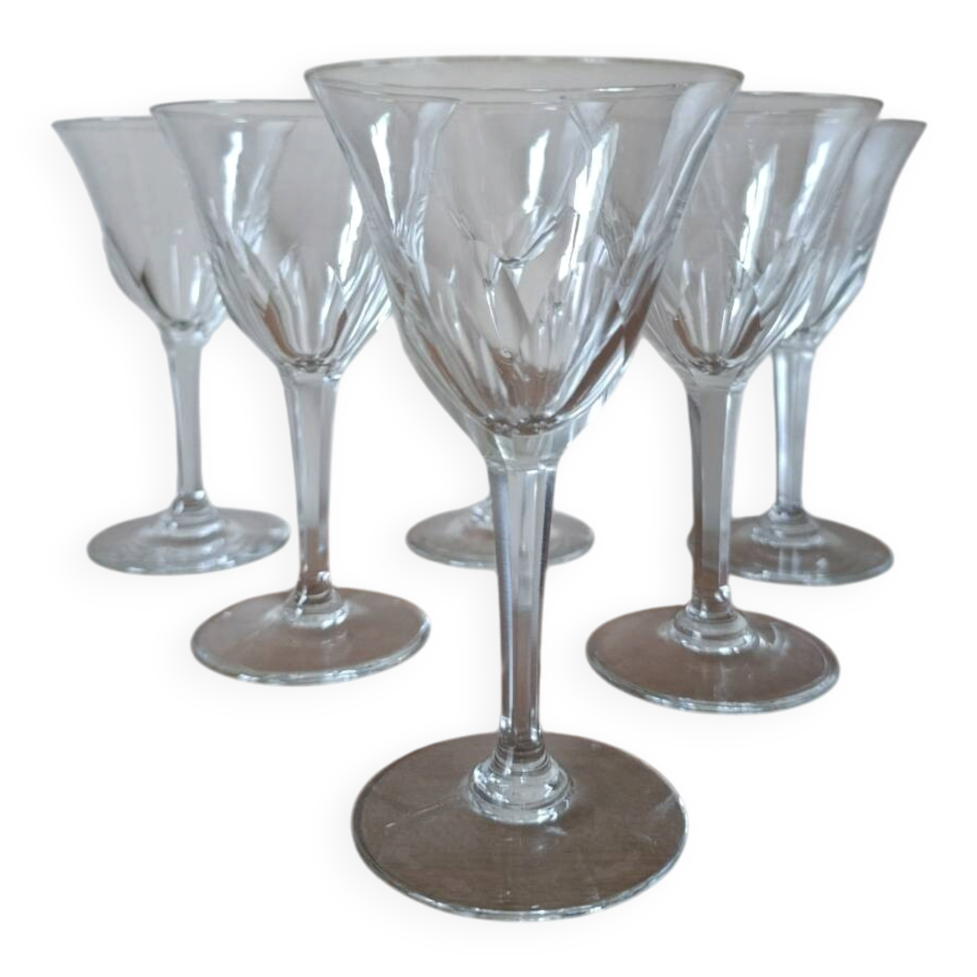 6 crystal water/wine glasses with flat ribs, vintage