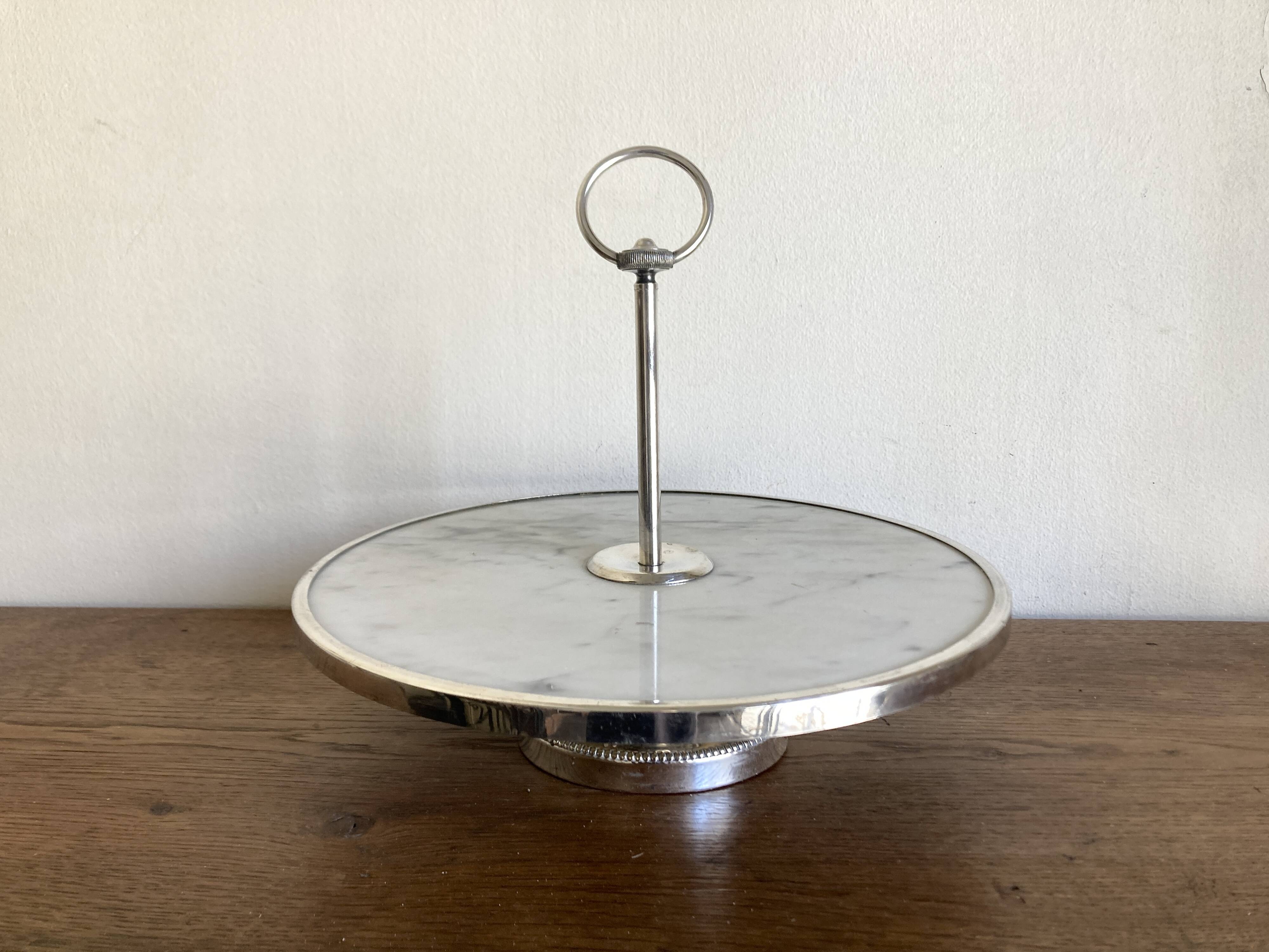 Silver-plated rotating platter and white marble pastry stand 1960 neoclassical