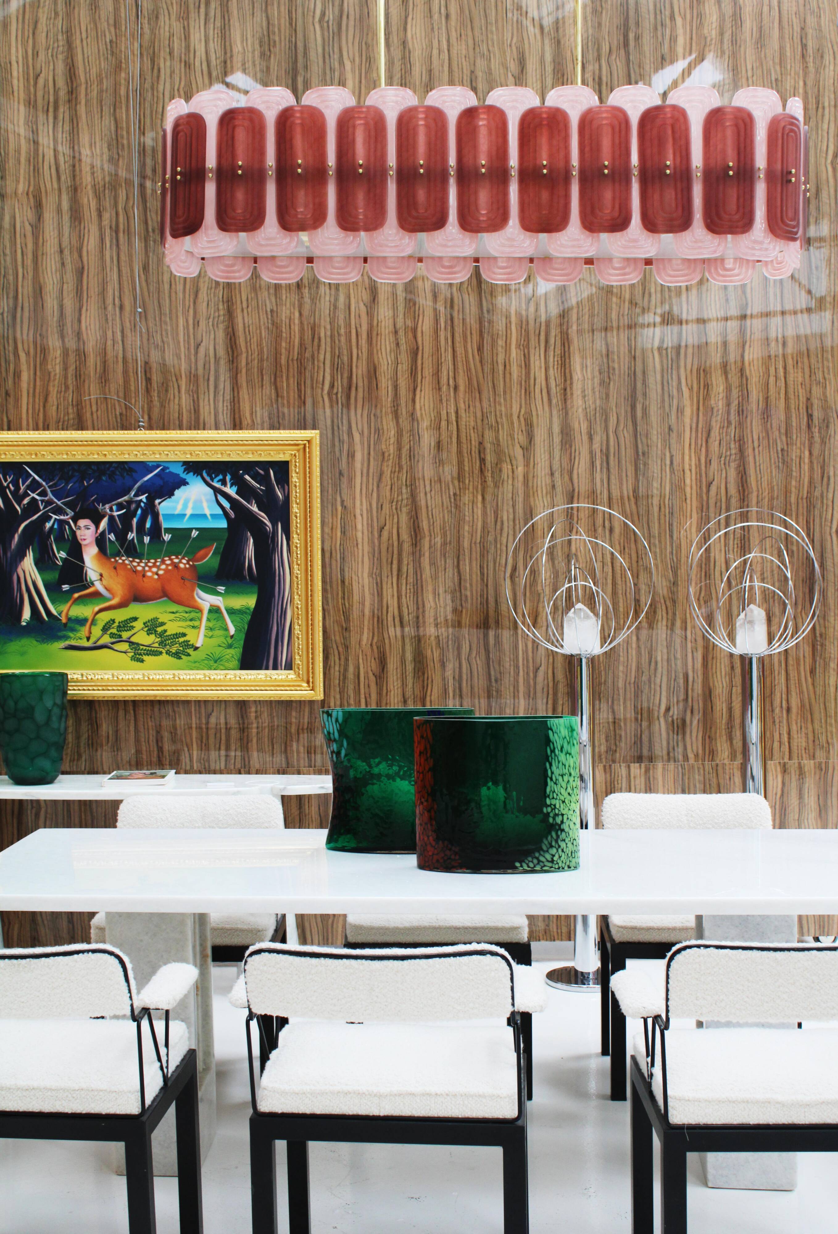 Italian Suspension Lamp with Gold Metal Structure and Red and Pink Murano Glass