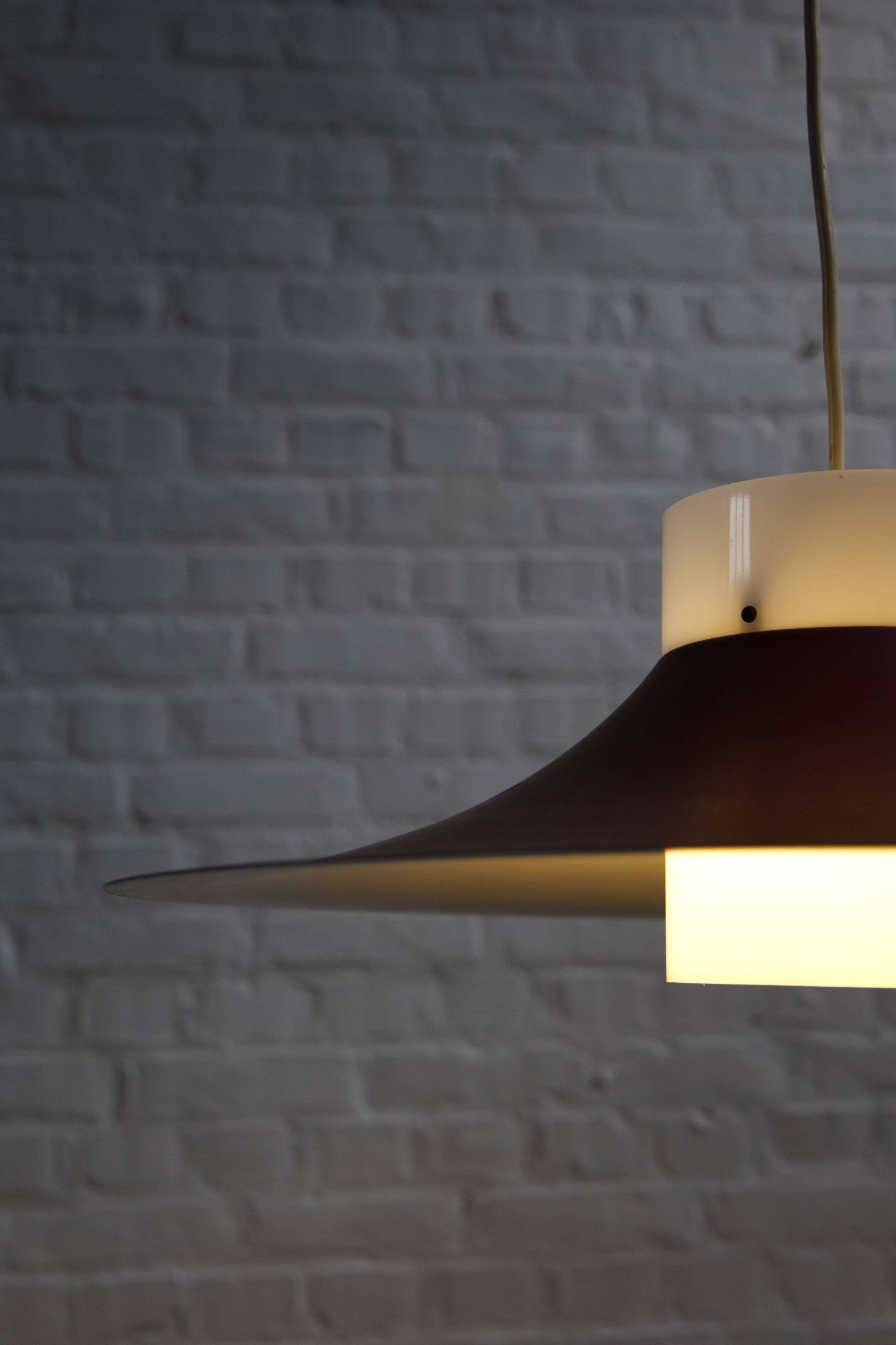 Danish red metal and opal plastic pendant lamp, 1960s