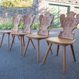 Set of 4 carved wooden stepladder chairs, pharmacy, brutalist, mountain style