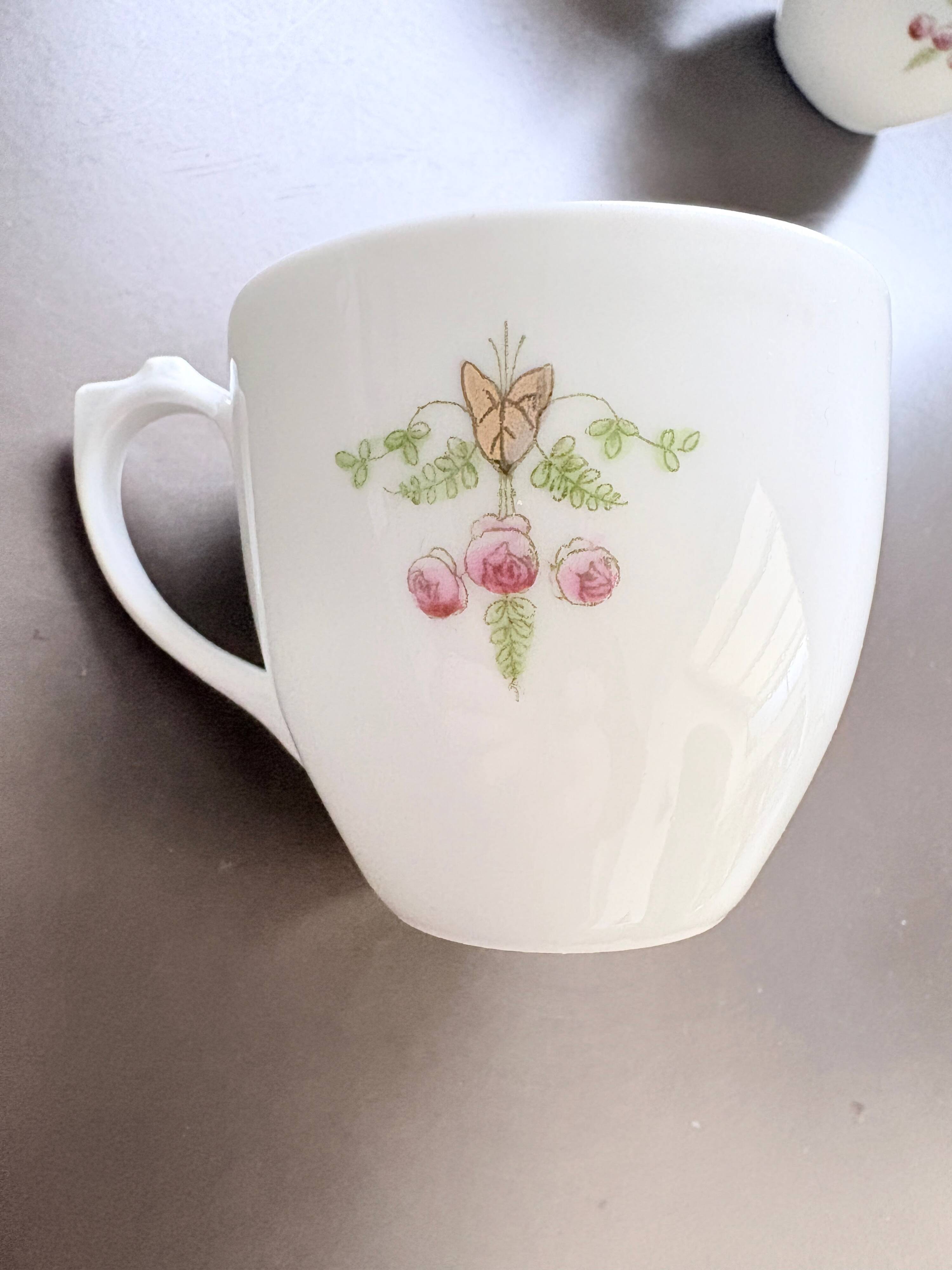 Service of 6 Fine Porcelain Cups with Art Nouveau Rose Decoration