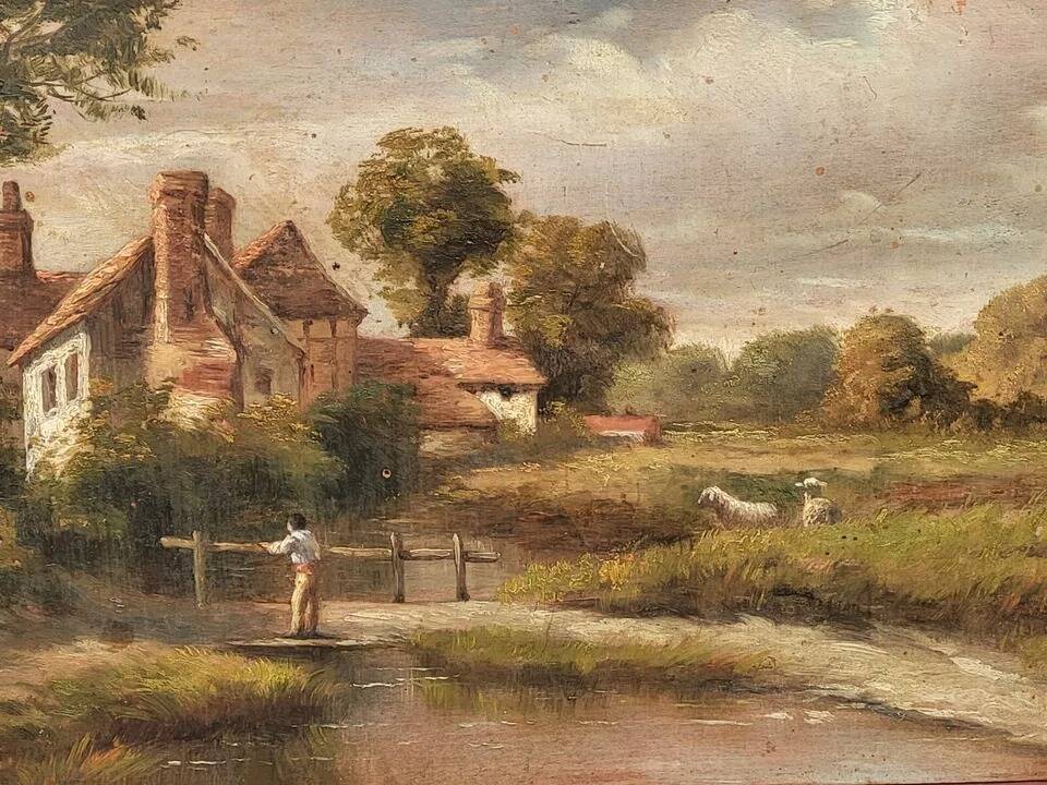 Peinture Ancienne Signée et Datée Paysage Animé Peinture à l'Huile sur Panneau de Bois