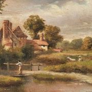 Antique Painting Signed and Dated Animated Landscape Oil Painting on Wood Panel