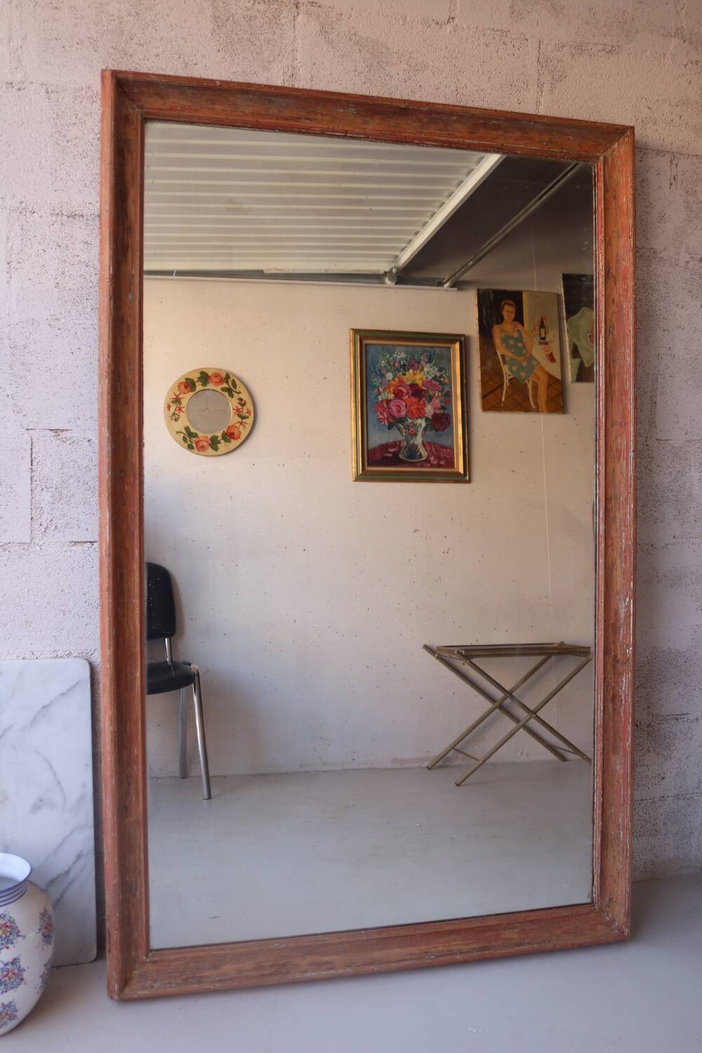 Large antique mirror in patinated wood h170cm