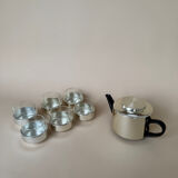 Vintage Modernist Set Of 6 Glass Coffee/Tea Cups With Ceramic Teapot